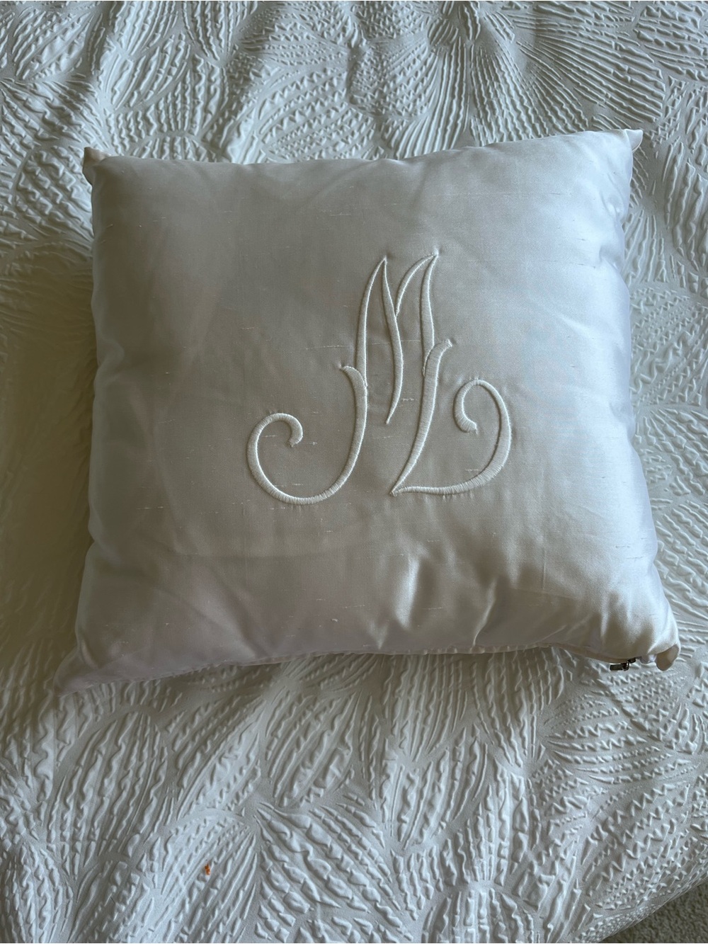 Embroidered Monogram White Decorative Pillow - Classic Bedding Accent